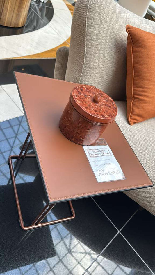 Il Loft Hard Leather Side Table, Camel Brown Finish with Stitching