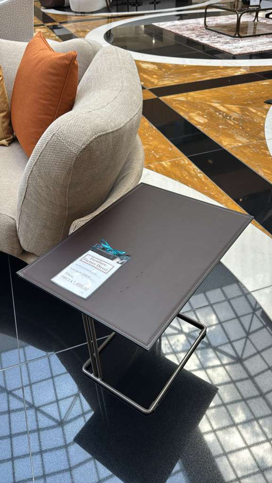 Il Loft Hard Leather Side Table, Dark Brown Finish with Stitching and Silver Legs